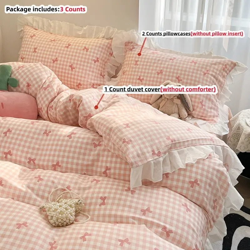 3-piece Set Of Pink and Blue Checkered Bow Theme Bedding, Ruffled Edge Decorative Duvet Cover Set, Bedroom Bedding, Including 1 Duvet Cover and 2 Pillowcases, No Comforter,the Duvet Cover Is Equipped with    Zipper Closure, Easy To Care , Machine Washable