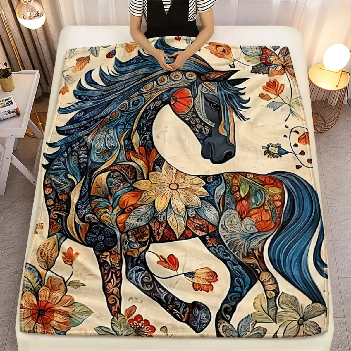 1pc Vintage Bohemian Horse Blanket - Soft Flannel Bedspread with Multicolor Horse & rider/Reign of Kings Patterns, 280gsm All-Season Bedding for Sofa, Bed, Camping - Boho Bedspread for Cozy & Travel, Digital Jacquard Warming, 2D Flat