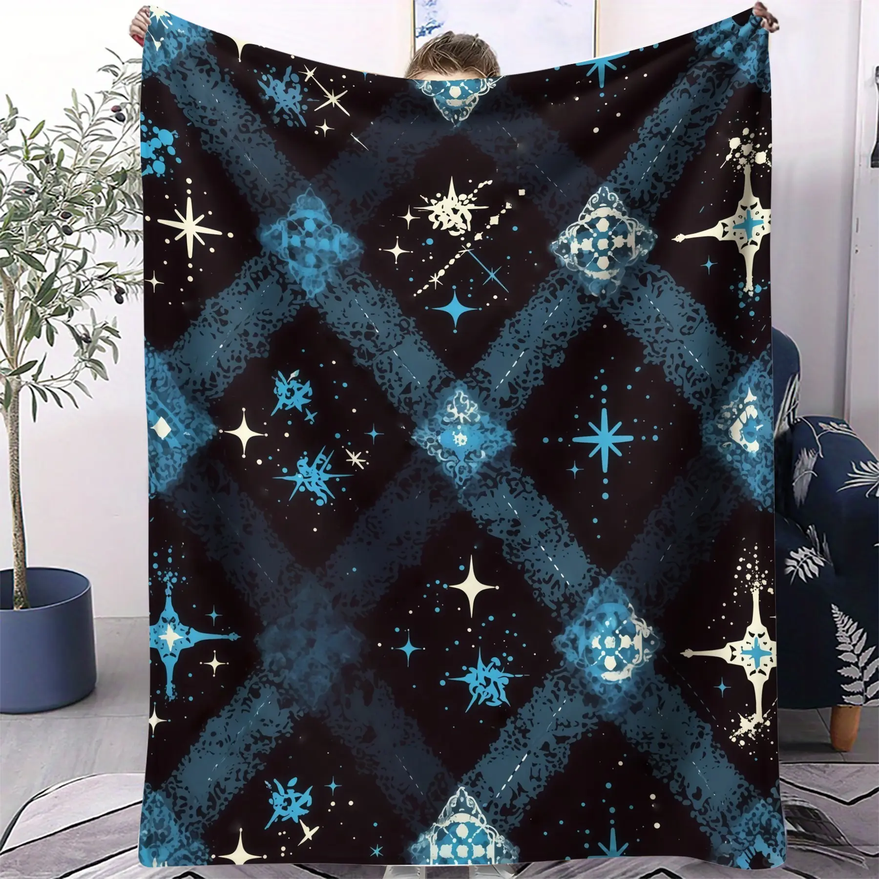 Dark Starburst Plaid Print Flannel Blanket, Soft Comfortable Home Office Travel Camping Blanket, Air Conditioning Room Warm Sleep Blanket