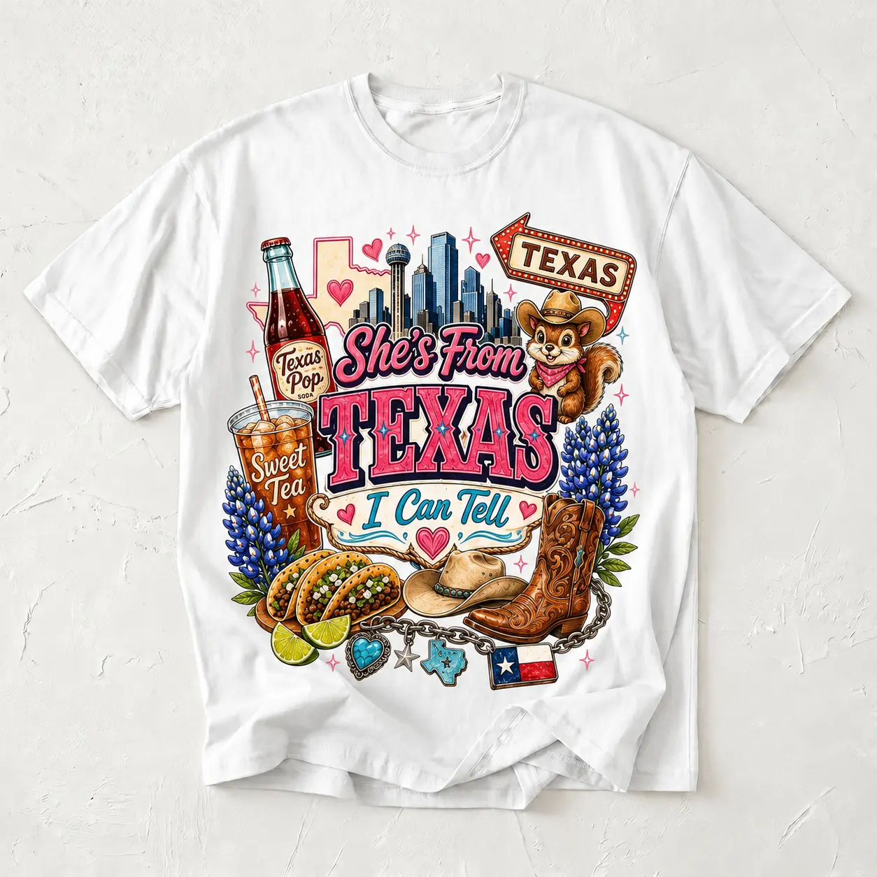 She's From Texas Graphic T-Shirt for Women, Western Cotton Top with Ribbed Collars, Casual Shortsleeve Style for a Classic or Oversized Fit, Fabrics