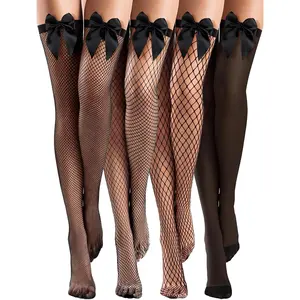 4 Pairs Fishnet Thigh High Stocking Womens Satin Bow Accent Fishnet lace Sheer Silky Over Knee Stocking with Bows for Women(Black,M)