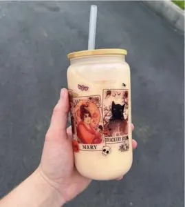 Hocus pocus tarot card glass cup with lid and straw.