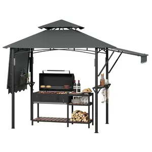 Gaomon 9ft x 5ft Outdoor BBQ Grill Gazebo, Double-Tier Patio Grill Shelter with Adjustable Dual-Side Awnings, 2 Handy Shelves, Hooks, Ceiling Light Hook, Heavy-Duty Steel Frame & Reinforced Legs for Backyard, Patio (Grey)