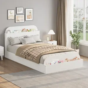 Garvee Queen Platform Bed Frame with Storage Headboard, Wooden Low Profile Design, Raised Footboard, Sturdy Slats, No Box Spring Needed, White Finish for Modern Bedroom