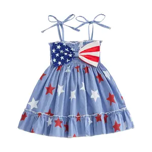 Toddler Girls 4th of July Dress Patriotic Gingham Star Print Sleeveless A-Line Smocked Dress with Bow Decor for 12M-6T
