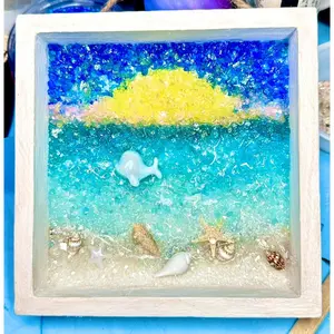 Crushed Glass and Resin 5X5” Beach Scene with Baby Beluga Whale-Perfect Gift for a Beach Themed Baby Nursery, Bathroom or Powder Room