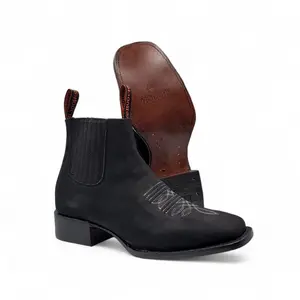 Mens Square Toe Botin Black – Genuine Crazy Leather Western Ankle Boot H42P2805 Boot