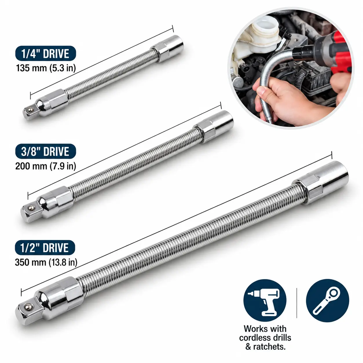 1/2 Inch Shank Flexible Socket Extension Ratchet - 350mm Length, Heat-Treated Chrome Vanadium Steel, Flexible Spring Steel Shaft, Anti-Rust, Durable, High-Tolerance, Car Tools, Socket Tool, for Automotive Repair, Corner Access, Engine Work, Spring Shaft,