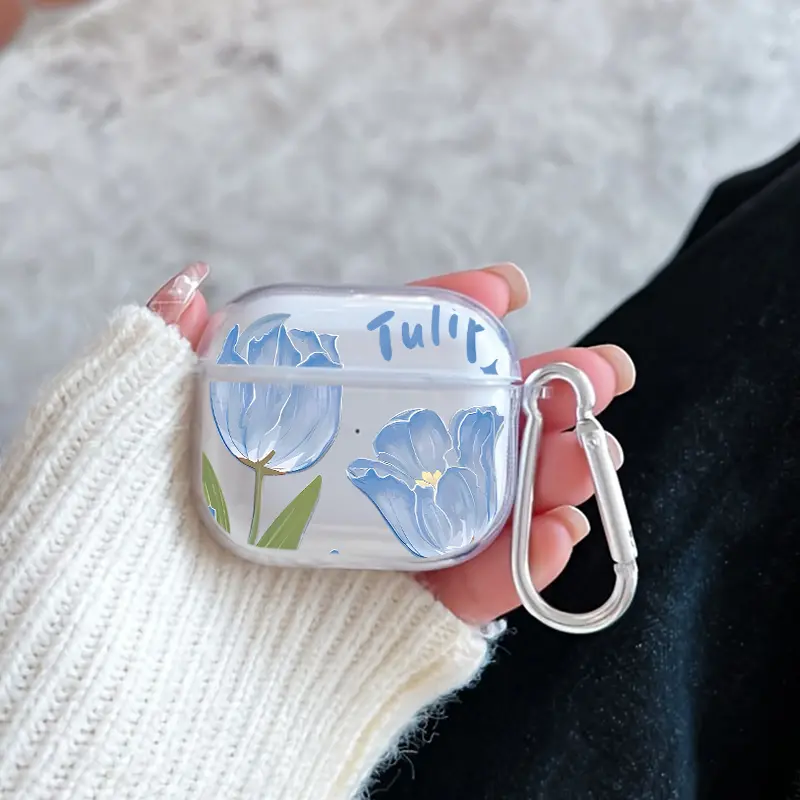 Blue Tulip Dream Pattern Protective Case for AirPods 4/3/2/1/Pro/Pro2 Soft TPU Earphone Cover, Transparent with Keychain