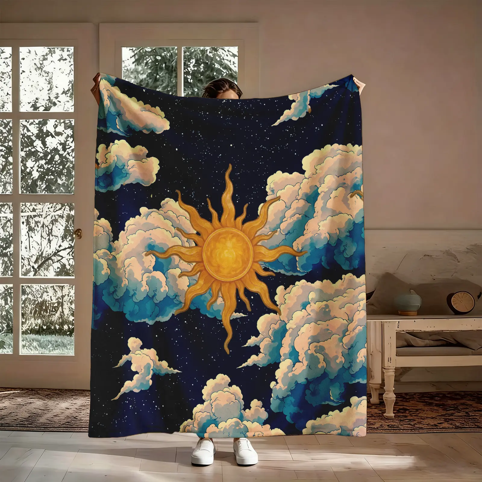 Dreamy Celestial Sun Cloud Flannel Throw Blanket - Bohemian Style, Cosmic, Soft Cozy Warm, for Couch Bed, Boho Lovers Gift, Birthday Christmas Aesthetic Mystical Decor (Boho, Celestial, Cloud, Cosmic Blankets Incl.), Boho Blankets