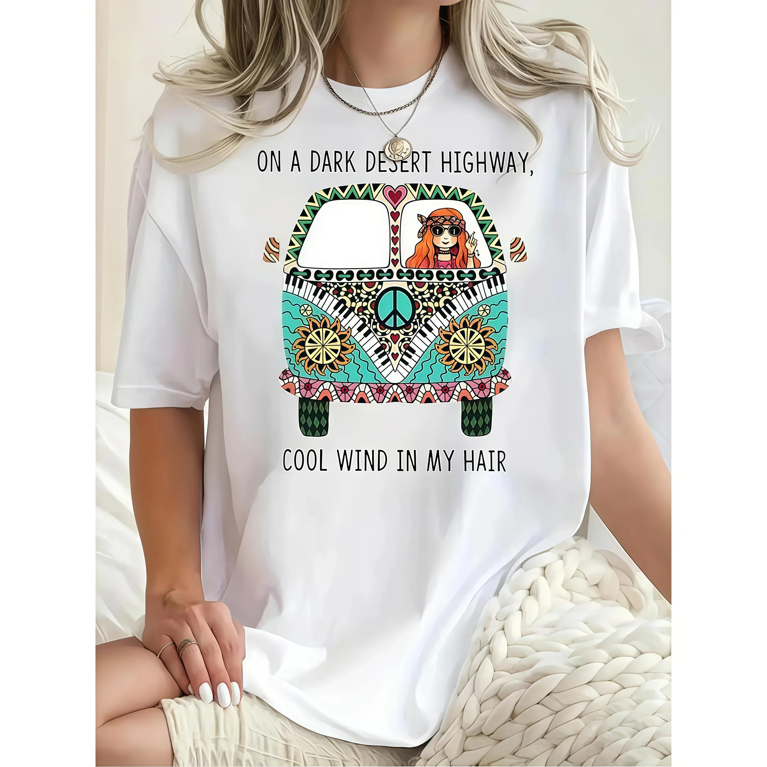 Colorful Bohemian Graphic Tee for Women Showcasing Hippie Bus Desert Scene and Dark Highway Quote Casual Menswear Crewneck Print T-Shirt Top Womenswear Streetwear Tshirt