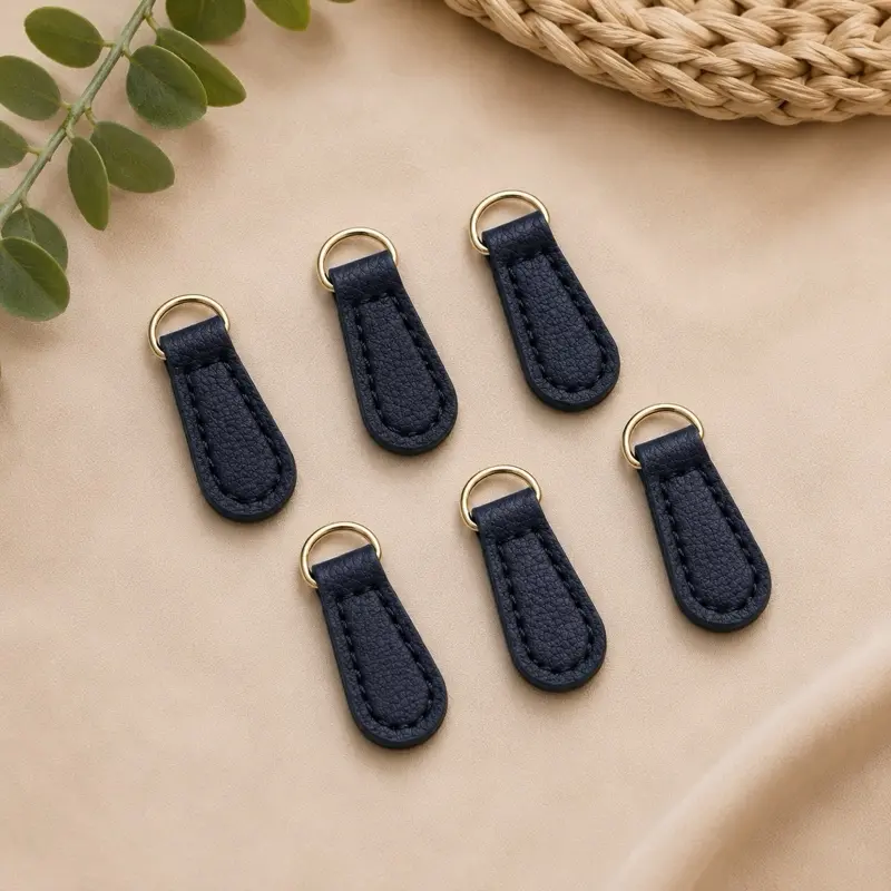 6 black Faux Leather Zipper Pull Tabs