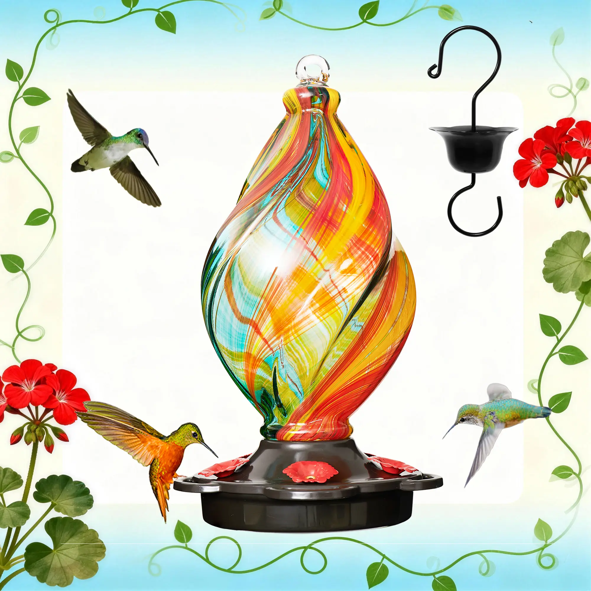 LUJII Hand-Blown Glass Hummingbird Feeder, Ice Cream-Shaped Spiral Bird Feeding Station - 28 fl.oz Leakproof Rustproof Feeding Tools, Ant Moat Hook, 2-Part Base, Ribbon, Outdoor Backyard Decor, Bird Lover Holiday Gift