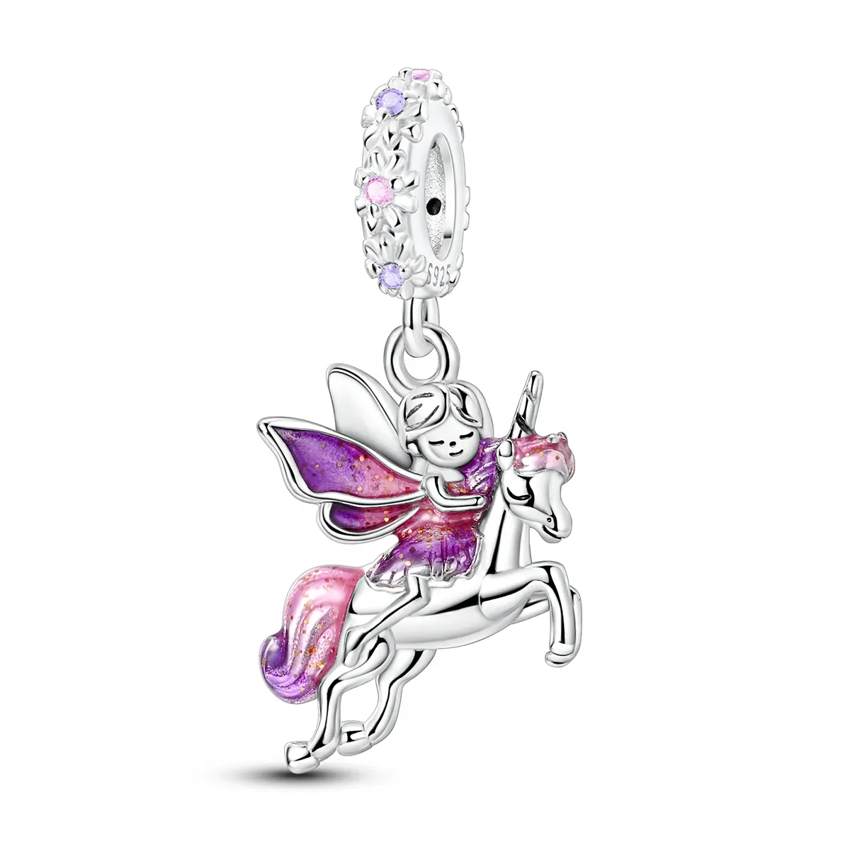 MULA 925 Silver-Plated Fairy & Unicorn Pendant Charm for Women - Whimsical Necklace with Purple Enamel, Cubic Zirconia, Pandora-Compatible, Youth Casual Collectibles, Birthday Gift, Fantasy Jewelry, Exquisite Trendy Pendant