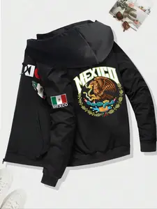 Mexican Coat of Arms Print Hooded Jacket, Casual Style, Cultural Inspired Clothing, Warm Fabric, Men's Fashion Item, Animal