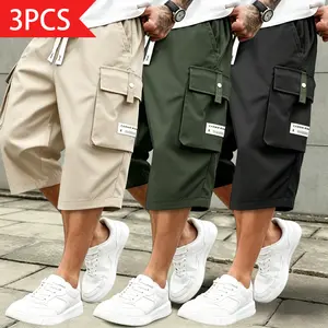 Men's 3-Pack Plain Basic Mid-Rise 7/8 Shorts, Drawstring Waist, Multiple Pockets, Stylish Casual Pants, Activewear for Sport & Everyday Wear, Ideal Gift for Boyfriends, Men's Bottoms Set,summervibes