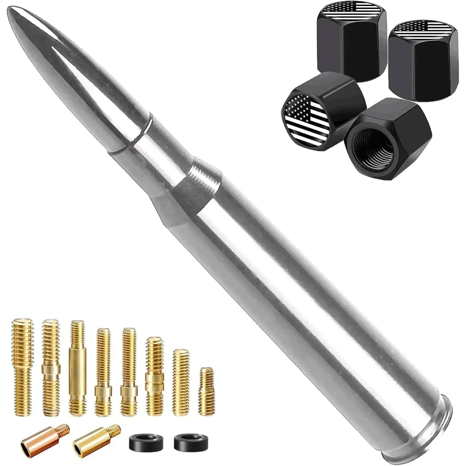 Metal Stubby Bullet Antenna with Valve Stem Caps Mast, Automotive Car Wash Safe Accessory for GM Chevy Silverado 1500/2500/3500 HD, Ford F150/F250/F350, Denali Heavy Pickup, Jeep (Chrome) – Men's Birthday & Father Gifts, Truck