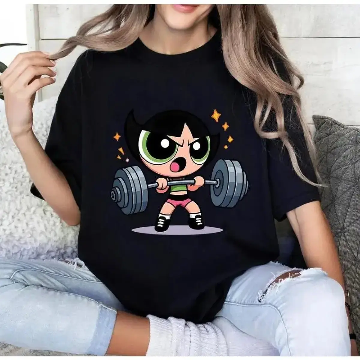 Oversized Graphic Tee Powerpuff Girls Bubleess Vintage Gym Girl T-shirt, Cartoon Character Shirt, Fitness Workout Shirt, Weightlifters, Bodybuilding Shirt, Basic Comfort Tshirt Casual, Women, Streetwear, Unisex Cotton Oversized Boxy Fit Stre,custom,tiedye