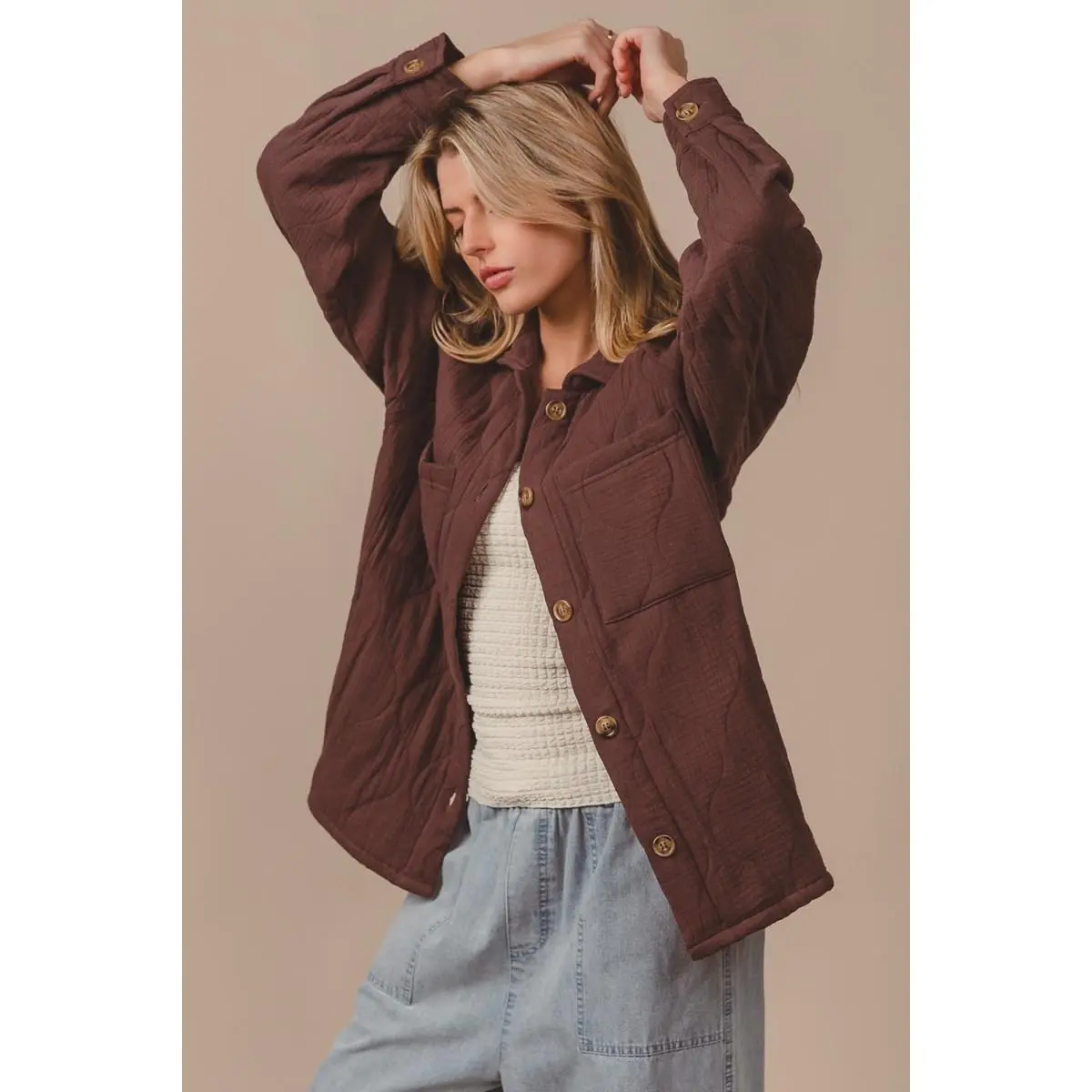 BiBi Quilted Wrinkle Gauze Long Sleeve Shacket