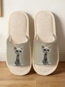 Cute Cat Design Home Slippers, Waffle Linen Texture, Soft Elastic Thick Sole, Fun Casual Flip Flops for Girls, Comfortable Indoor Shoes