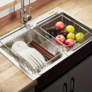 Adjustable Small Kitchen Dish Drainer Rack in Sink, Expandable Stainless Steel Dish Organizer with Utensil Holder, Rustproof Strainer Basket for Vegetables and Fruits, Dish Drying Rack
