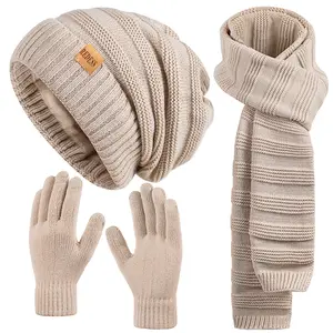 3PC Fleece Lined Beanie Scarf Gloves Set for Women Warm Thick Knitted Hat Scarf and Gloves Winter