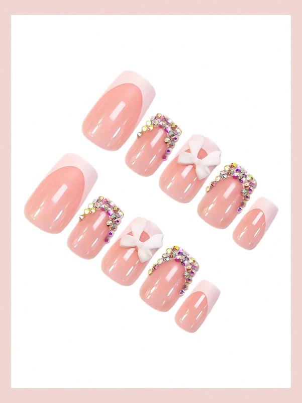 24Pcs Medium Square Press-On Nails | White French Tip with Rhinestone & Bowknot