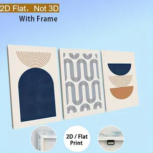 3-piece framed decorative wall art with wooden frame, not 3D, the product is flat/2D in nature, made of wood, featuring abstract navy blue blocks and lines, modern minimalist wall art poster printed on canvas, suitable for living room home decoration