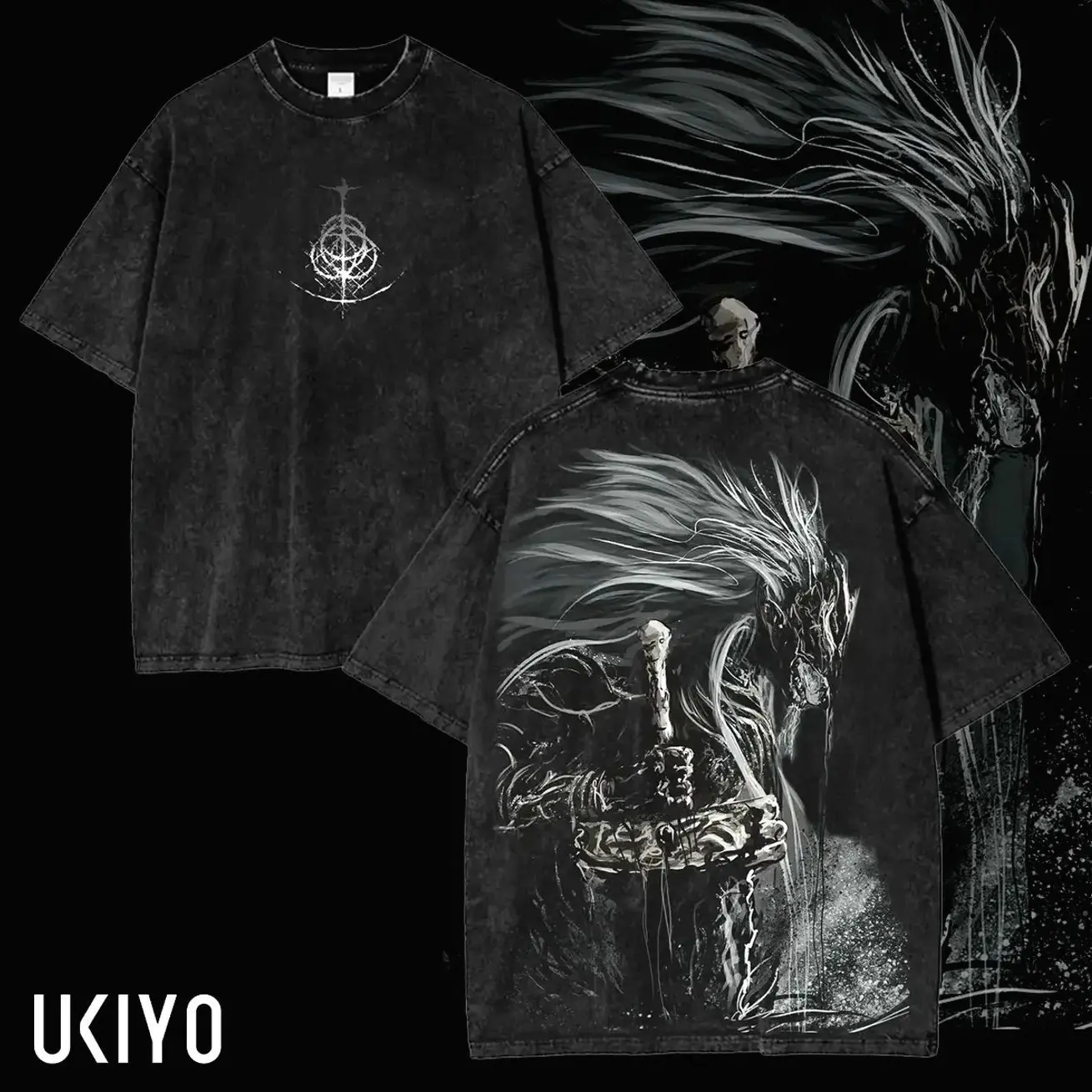 Elden Ring Maliketh Printed Unisex Washed T-Shirt Black Blade Graphic Tee Oversized Streetwear T Shirt for Men Women Dark Fantasy Merchandise Clothes Tops Z6P