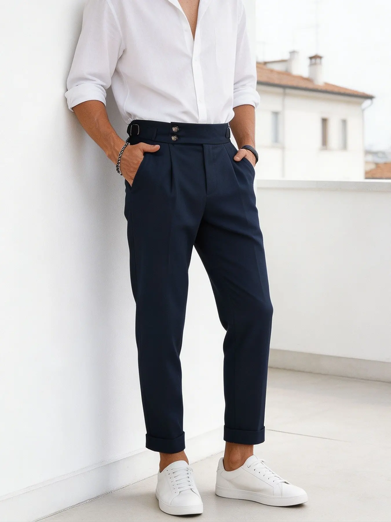 Men's Navy High-Waisted Suit Pants, Italian Retro Classic Paris Button Design, Business Casual Slim Fit, All Seasons Wear, Plain Pattern, Menswear