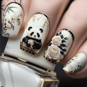 Cute Panda Nail Art Stickers, Short Press-On Nails, Square Tip Floral Design, Fake Nails for Women, 24 Pieces Set