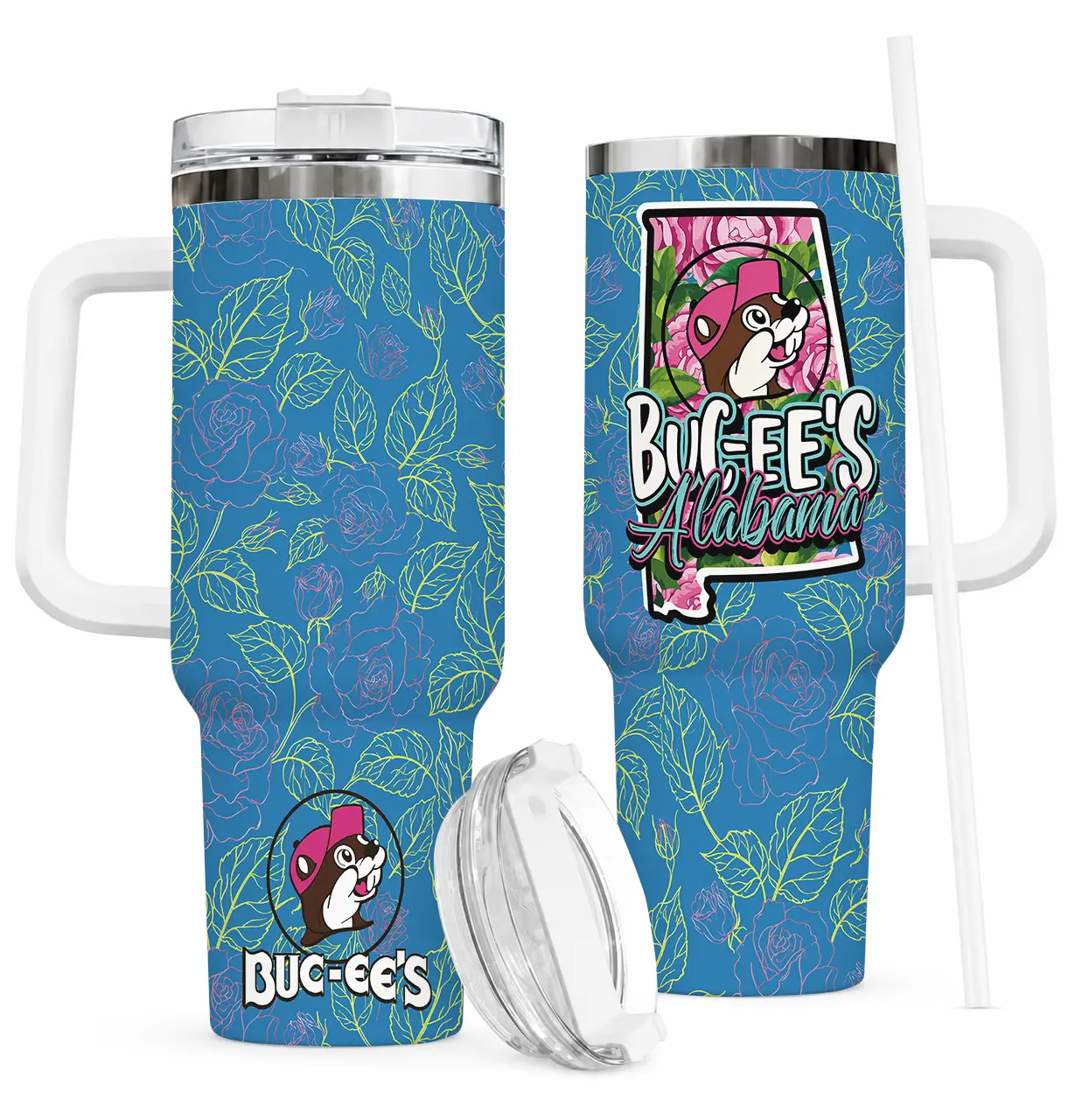 Buc-ee's Alabama 40oz Insulated Tumbler with Handle and Straw, Blue Floral Rose Pattern Travel Mug, Double Wall Vacuum Leak-Proof Water Bottle, Fan Merch Gift
