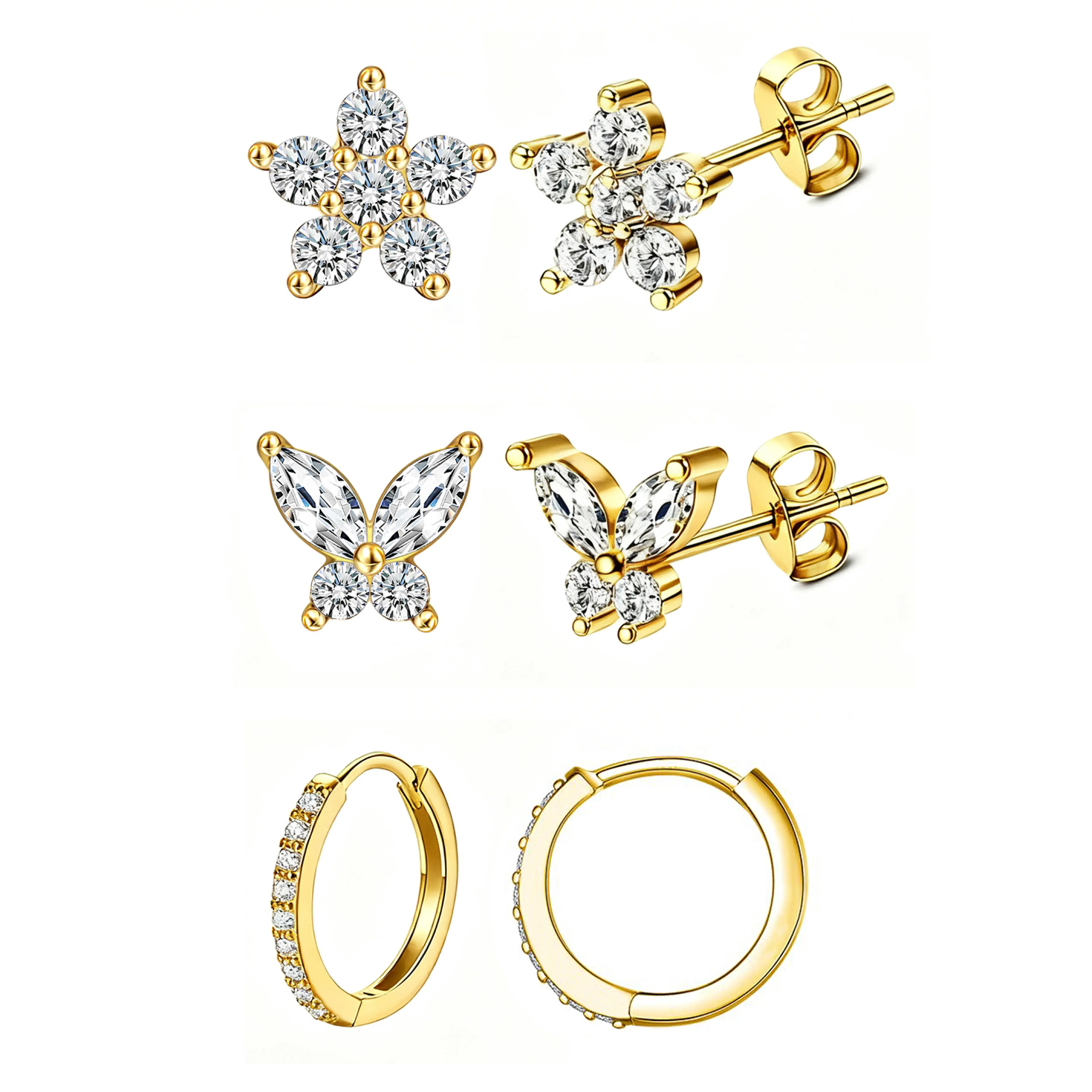 Aprilery Dainty Earring 3Pcs Set, Sparkling Stud & Huggie Hoop Earrings, Gold Silver Tone Everyday Stackable Jewelry Gift for Women