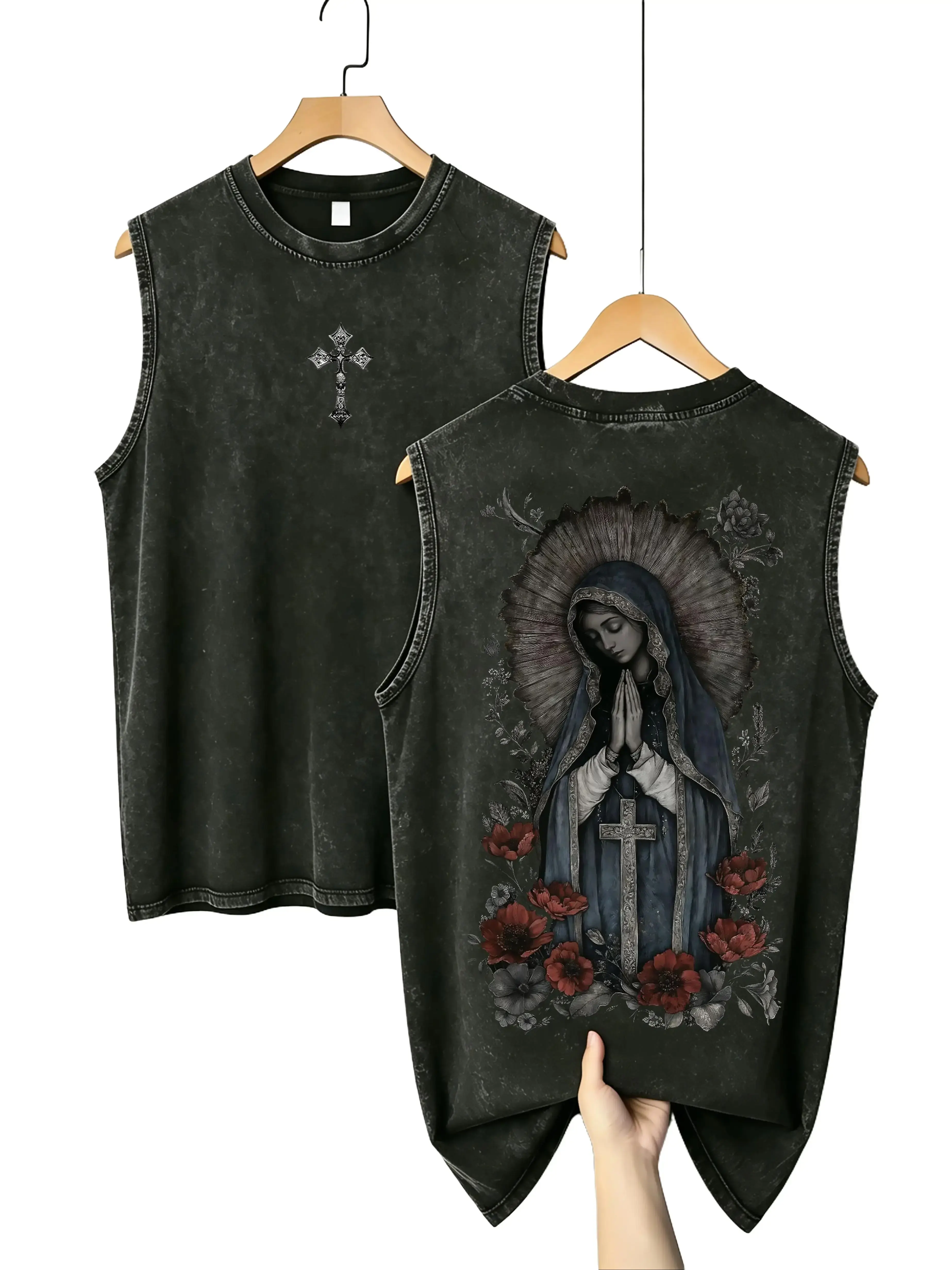 Gothic Christian Virgin Mary Graphic Tank Top - Unisex Vintage Acid Wash Sleeveless Vest - Y2K Oversized Mineral Washed Streetwear Soft Cotton Shirt