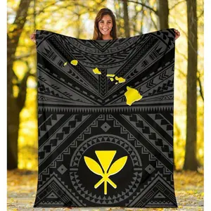 Hawaiian Kanaka Maoli & Map Design Blanket - Black Geometric Hawaiian Quilt with Yellow Leaf Motif,  Machine Washable, Perfect for Sofa, Bed, Car, Office, Camping - All-Season Gift Idea, Travel Blanket  Hawaiian Blanket