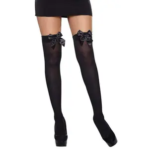 Black Opaque Thigh High Leggings with Bow Pins (Black & Red) for Women