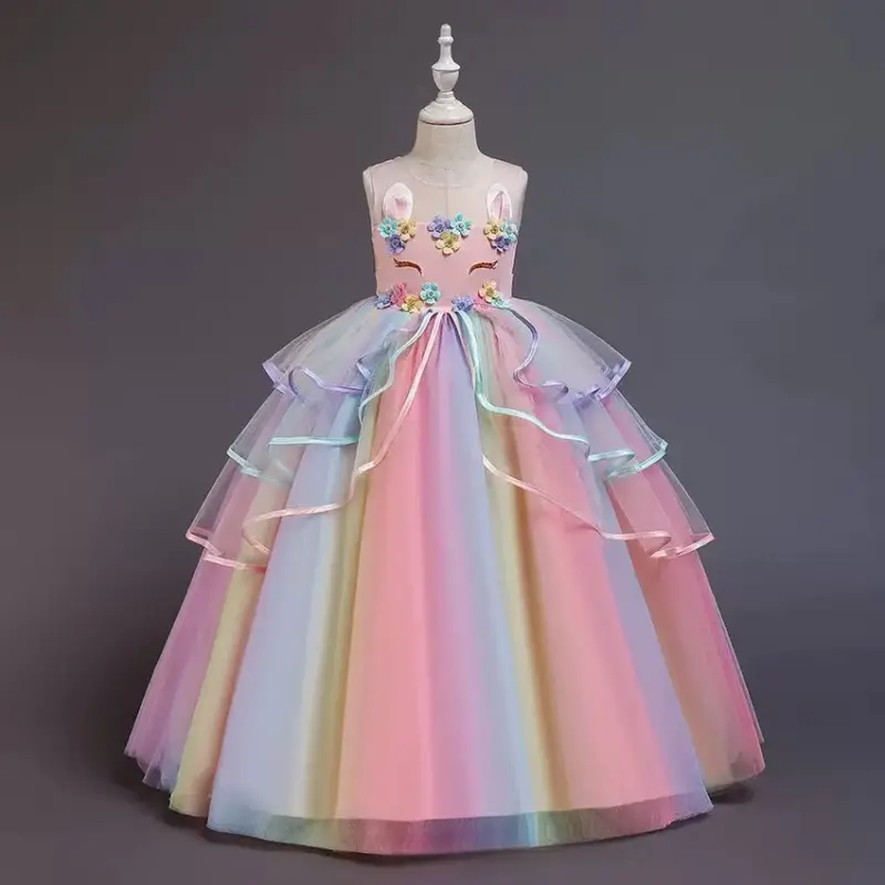 Girls' Unicorn Dress Set - Cute Rainbow Viscose 65% Polyester Fiber Ballet Dress, All-Season Children's Party Costume Ideas, All Seasons, 5-6Y, Colorful Costumes & Accessories, Do Not Dry Clean, Age-Tagged Costumes & Accessories