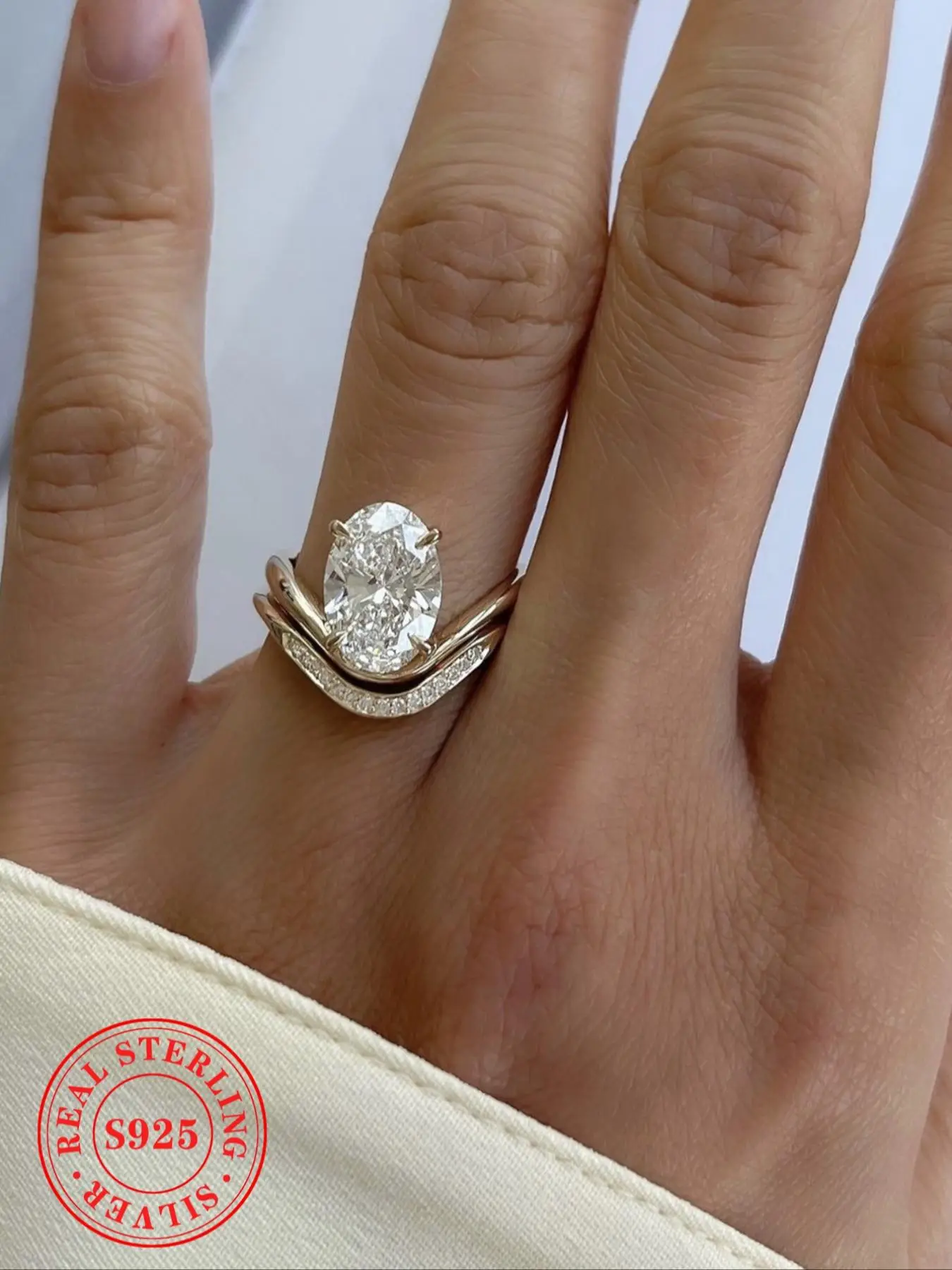 S925 Sterling Silver Oval Shaped Artificial Zircon Ring Set, Luxury Engagement Ring Set, Fashion Jewelry Accessories for Women