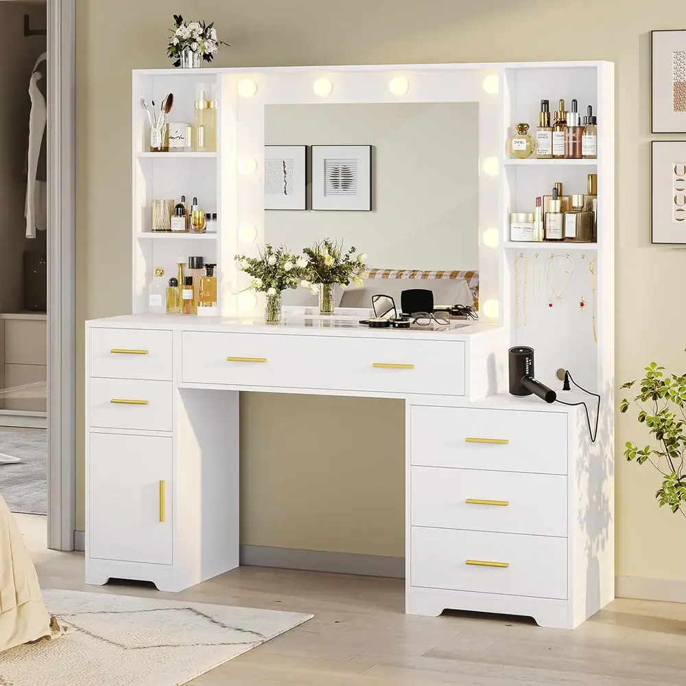 SIKAIC Modern White Makeup Vanity Station with Vanity Lights, Aesthetic Glass Top, Integrated Charging Outlets, and 6 Smooth-Slide Bins – Elegant Indoor Furniture Beauty Table, Vanity With Lights