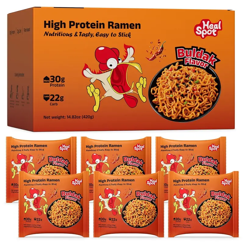 High Protein Spicy Buldak Noodles, Dry Tossed Ramen, 30g Plant-Based Protein, Low Fat, Low Carb, Non GMO, Keto Friendly & Plant Based (6 packs)