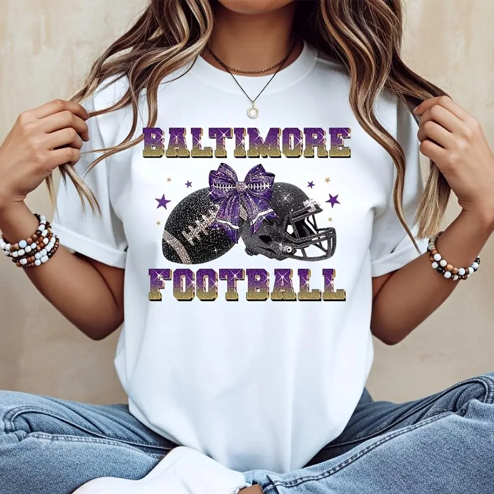 Baltimore Football Glitter Helmet And Bow Print T-Shirt, NFL Team Spirit Fan Apparel, Casual Game Day Wear