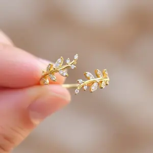 Gold Leaf Ring – Dainty Vine Ring with CZ, Adjustable Curved Flower Band, Promise Ring for Her