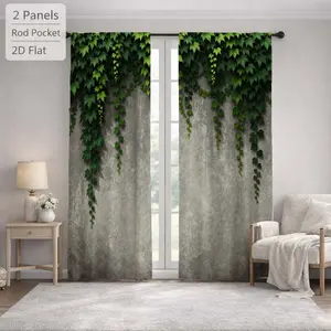 2Pcs Rustic Green Vine Leaf Concrete Wall Pattern Sun Blocking Curtains Digital Printed Rod Pocket, Window Treatment For Bedroom Office Kitchen Living Room Study Home Decor