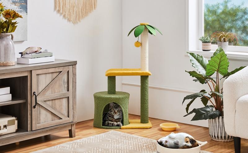 Yaheetech 37in Coconut Palm Cat Tree with Green Leaves, Scratching Post Large Condo,  Bending Perch Activity Center for Indoor Cats Green/Yellow