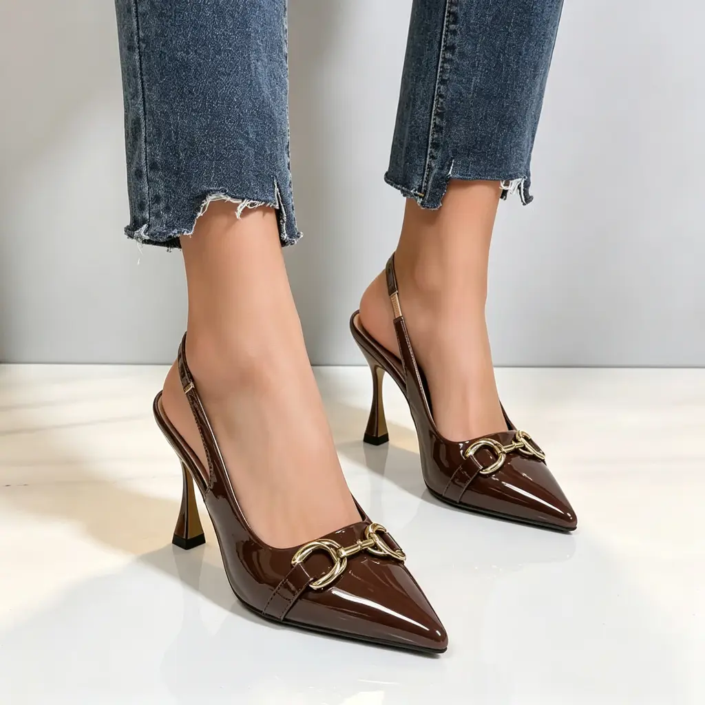 Glossy leather pointed toe high heels for women with metal horsebit buckle, open back, shallow cut, strap design; retro style suitable for office, commuting, dates, and events; sophisticated, versatile thin heel pumps.