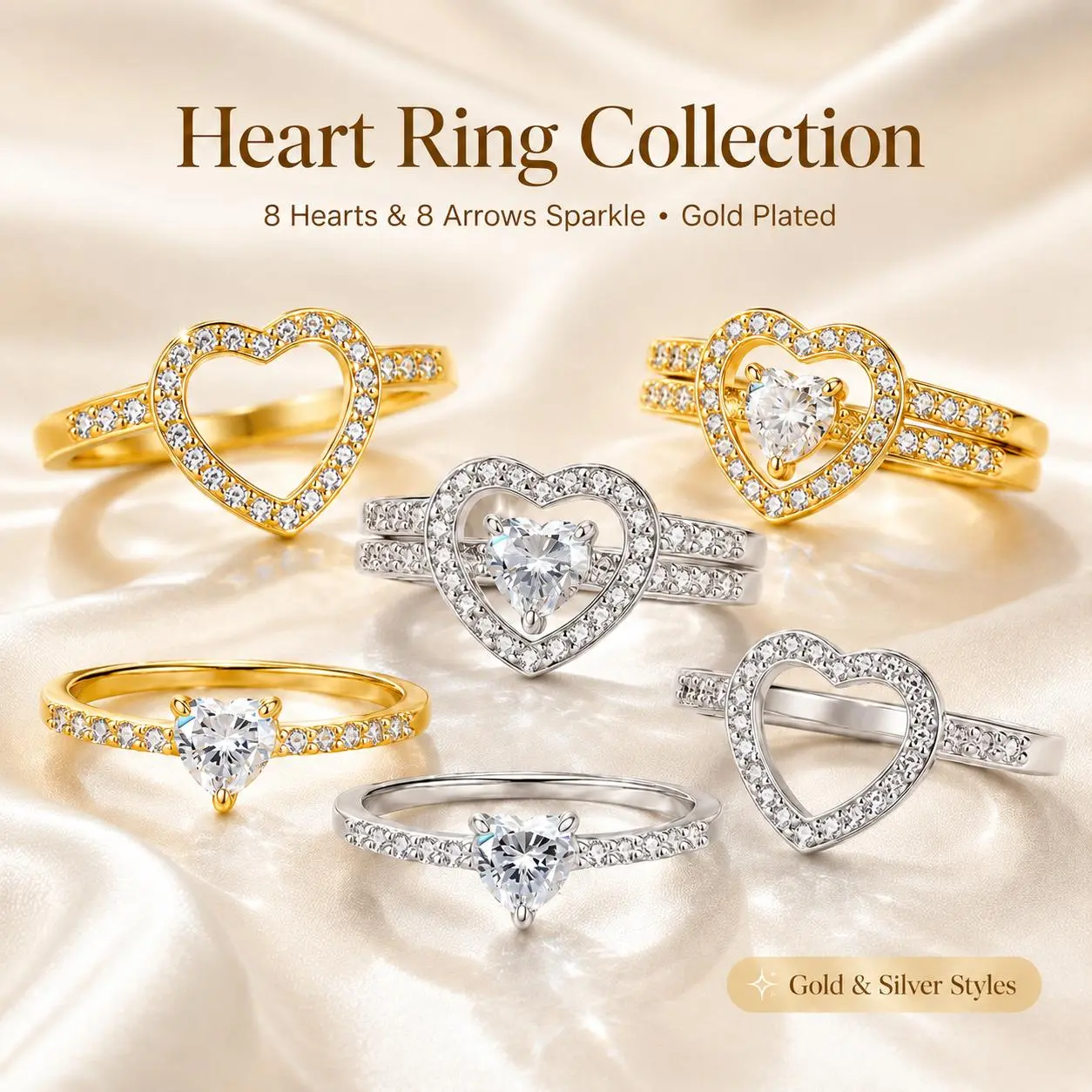 Stackable Heart Ring for Women, Gold Plated Love Promise Ring, Trendy Matching Couple Ring, Cute Romantic Jewelry Gift for Girlfriend Wife, Hearts and Arrows 5A Cubic Zirconia