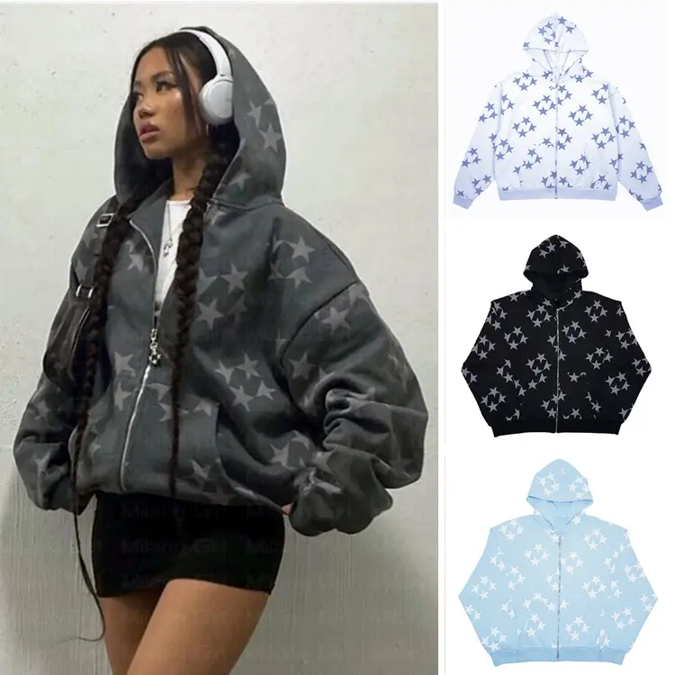 Star Print Zip-Up Hoodie, Unisex Streetwear Style Sweatshirt, Loose Fit Polyester Cardigan with Long Sleeves, Clothes, Fabric, Hipster, Cardigan Jacket, Multi-Size, Zippered Front, Women