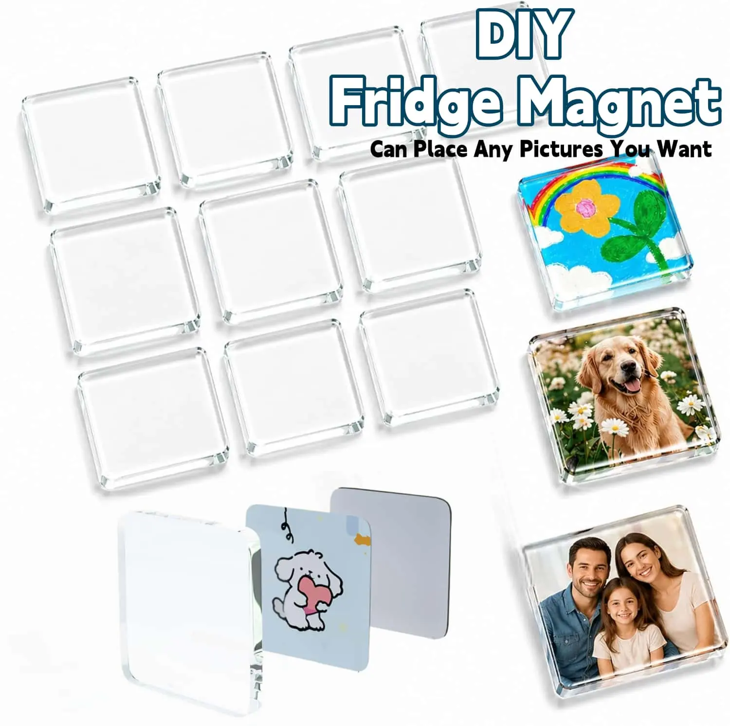 Clear Acrylic DIY Fridge Magnets Set with Adhesive Backing – Square/Round Magnetic Photo Frames for Crafts, Kitchen, Classroom, Party & Office Decoration Can Place Any Pictures You Want-MM