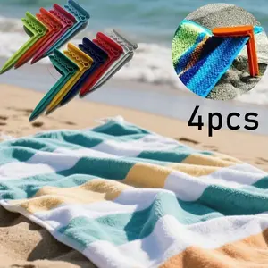 4-Piece Beach Towel Clips Set, Outdoor Sand Anchor Clamps, Picnic Mat Fixing Tool, Plastic Safety Anchors for Camping & Travel Accessories