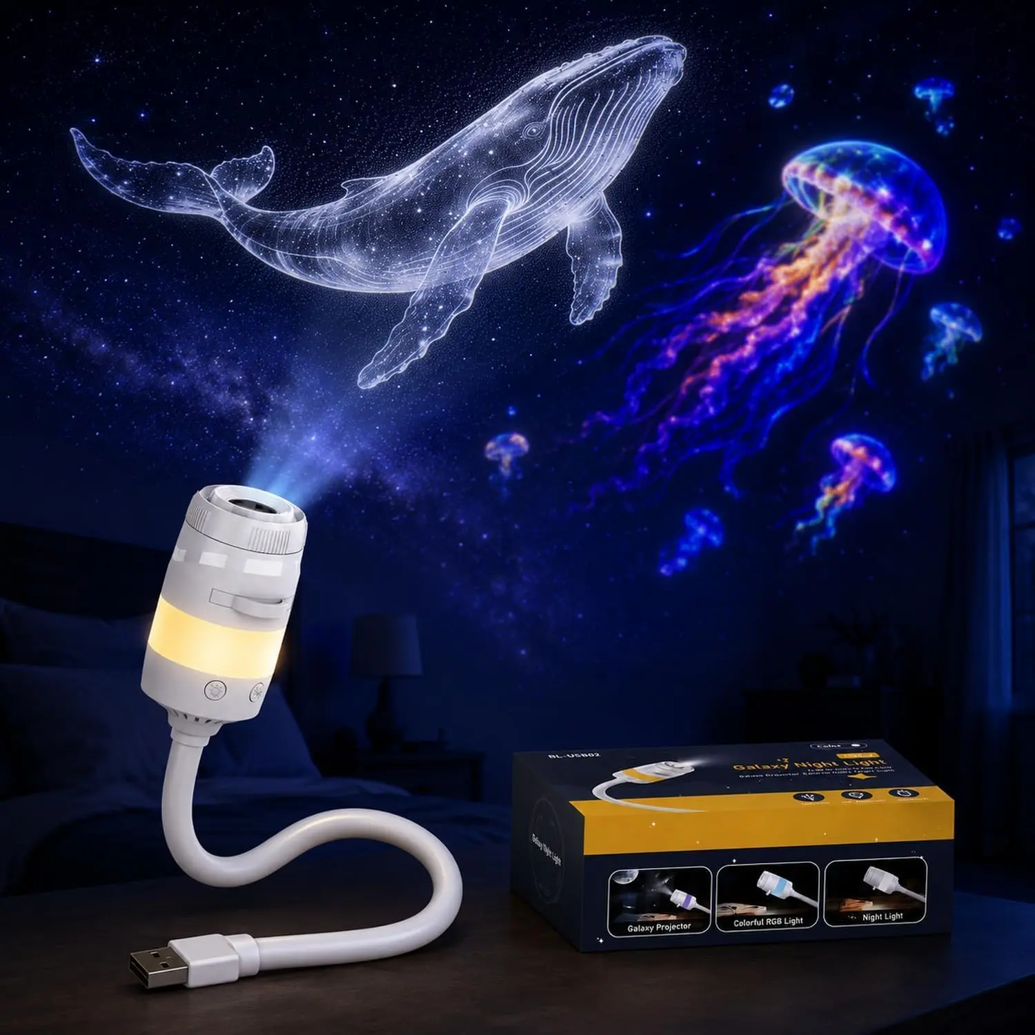 Galaxy Projector Night Light, 2-in-1 USB Portable Galaxy Star Projector Night Light, LED Ceiling/Wall Projection Lamp with 360° Rotation for Shower, Bathroom, Bedroom Decor,sohochic